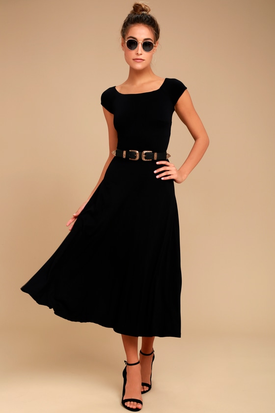 Chic Black Dress - Short Sleeve Dress - Midi Dress - $54.00