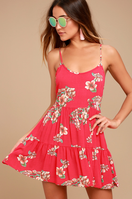 red floral shift dress