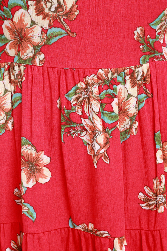 Cute Red Floral Print Dress - Shift Dress - Lace-Up Dress