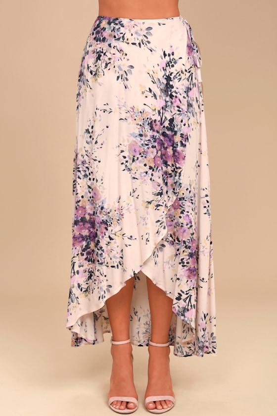 Lovely Blush Pink Midi Skirt Floral Print Wrap Skirt