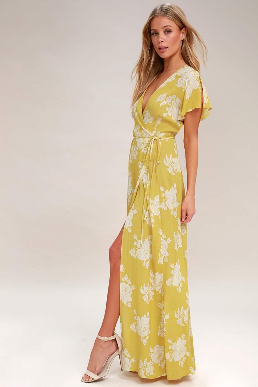 Lovely Yellow Floral Print Dress - Wrap Dress - Maxi Dress - Lulus