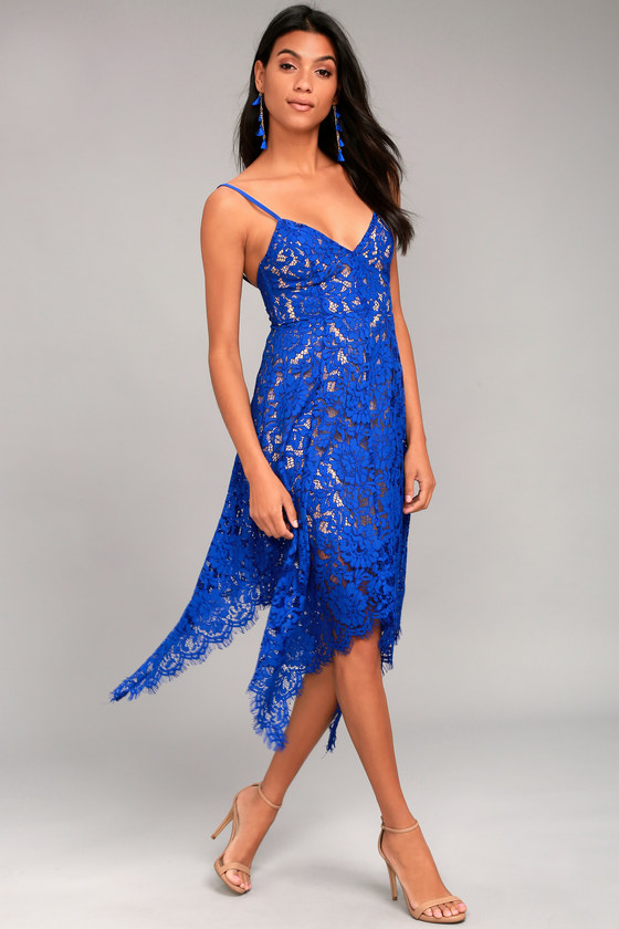 Royal Blue Lace Dress - Midi Dress - Handkerchief Hem Dress
