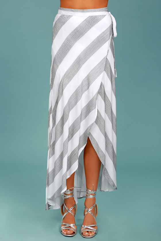 grey and white striped skirt outfit