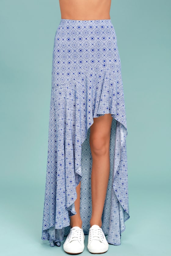 Mediterranean Beach Blue and White Print High-Low Maxi Skirt 8