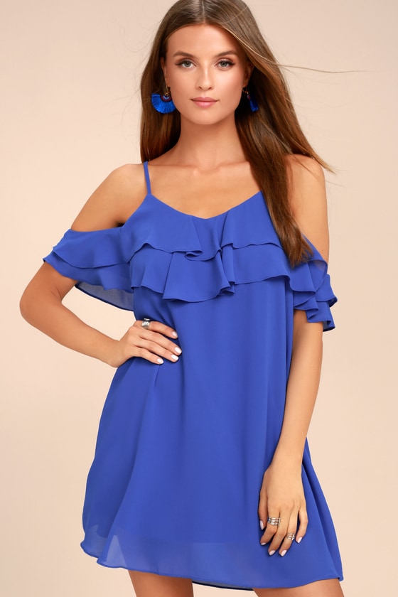 Cute Royal Blue Dress - Off-the-Shoulder Dress - Shift Dress - Lulus
