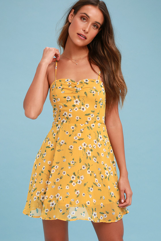 Cute Yellow Dress - Floral Print Dress - Skater Dress - Lulus