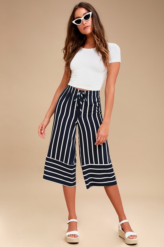 Olive + Oak Tilda - Navy Blue Striped Pants - Culotte Pants - Lulus