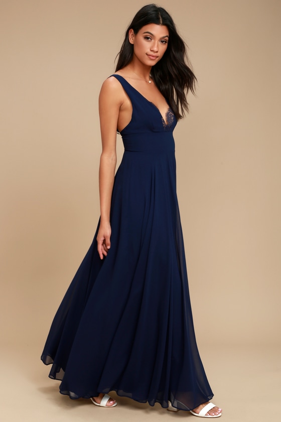 Lovely Navy Blue Dress - Maxi Dress - Lace Dress - Lace Trim Maxi Dress ...