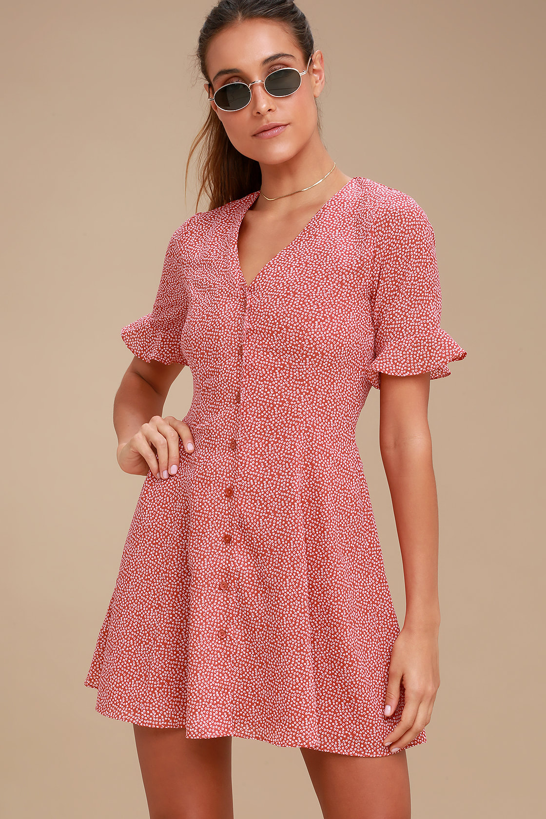 Castana Rust Red Print Button-Up Dress