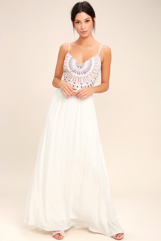 Ascension Island White Embroidered Maxi Dress
