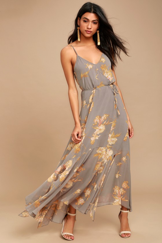 Grey Floral Print Dress - Maxi Dress 