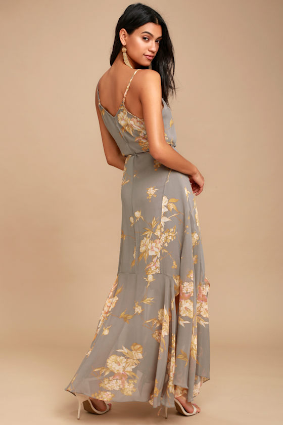 Grey Floral Print Dress Maxi Dress Handkerchief Dress Lulus