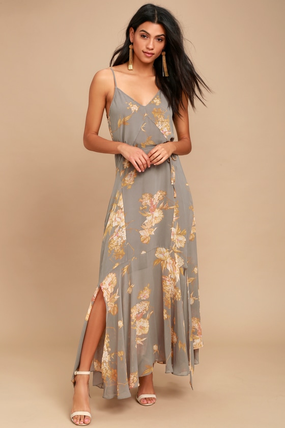 Grey Floral Print Dress - Maxi Dress - Handkerchief Dress