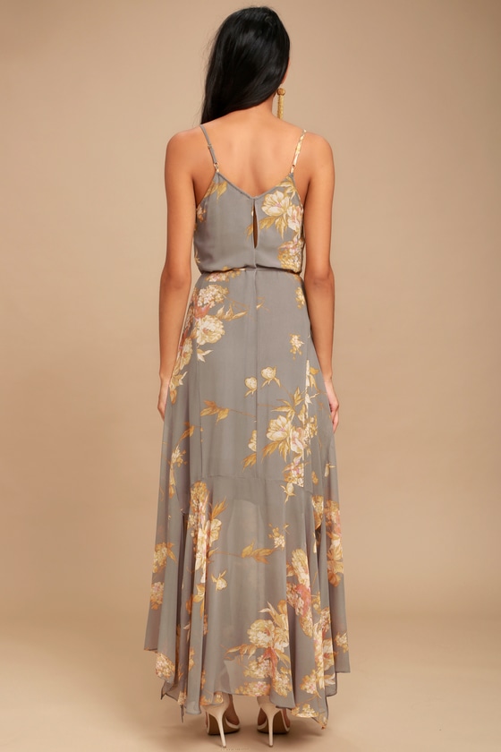 Grey Floral Print Dress - Maxi Dress - Handkerchief Dress