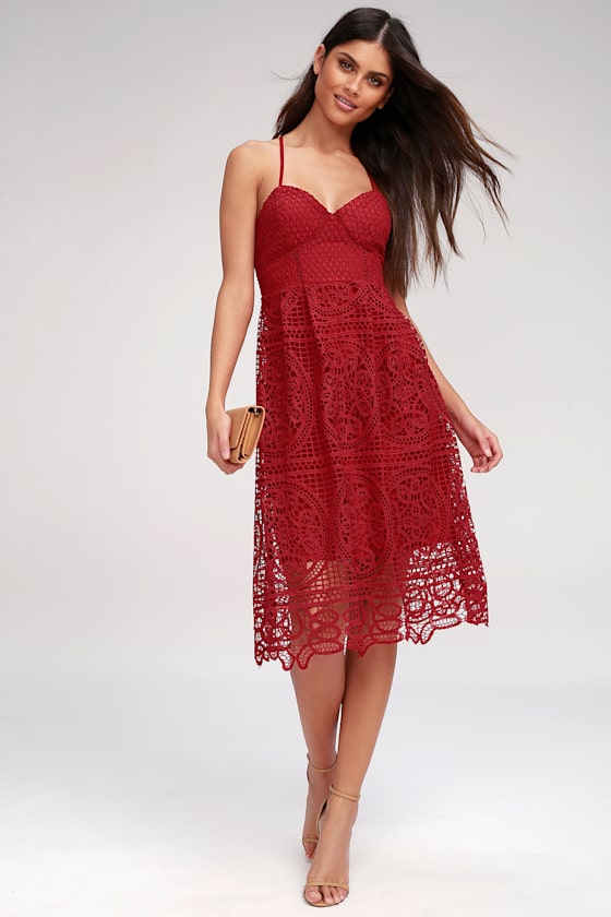 Real Life Dream Berry Red Lace Midi Dress 5