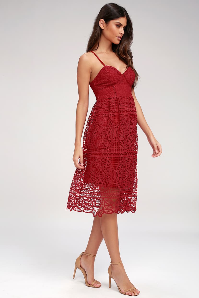 Lovely Berry Red Lace Dress - Lace Dress - Lace Midi Dress - Lulus