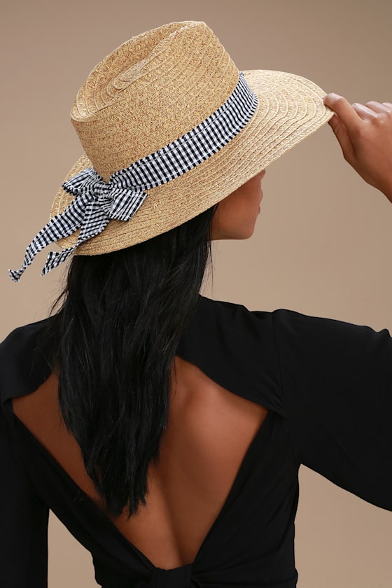 Lazy Days Tan and Gingham Straw Fedora Hat 5