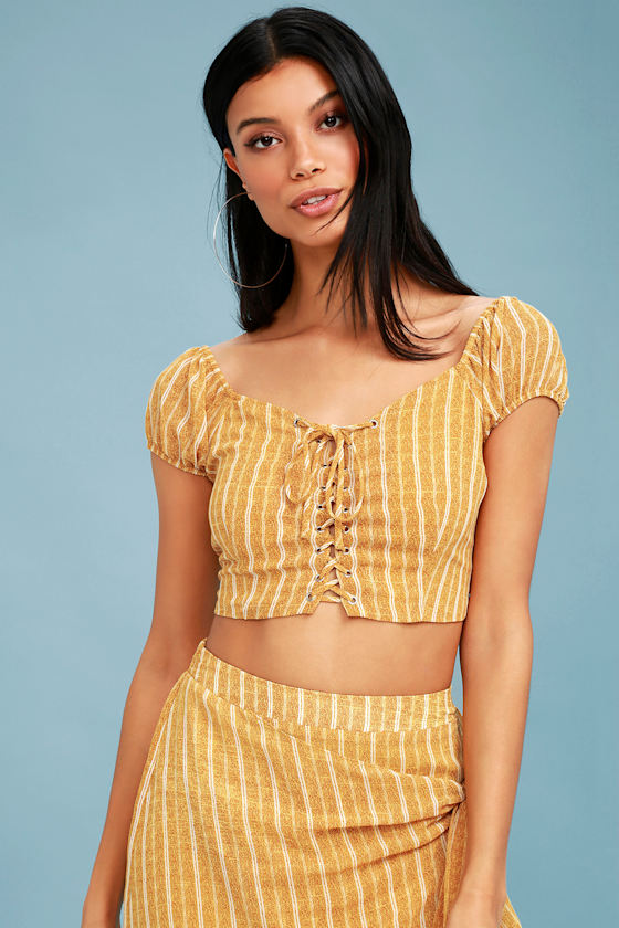 Cute Mustard Yellow Top Striped Crop Top LaceUp Top Lulus