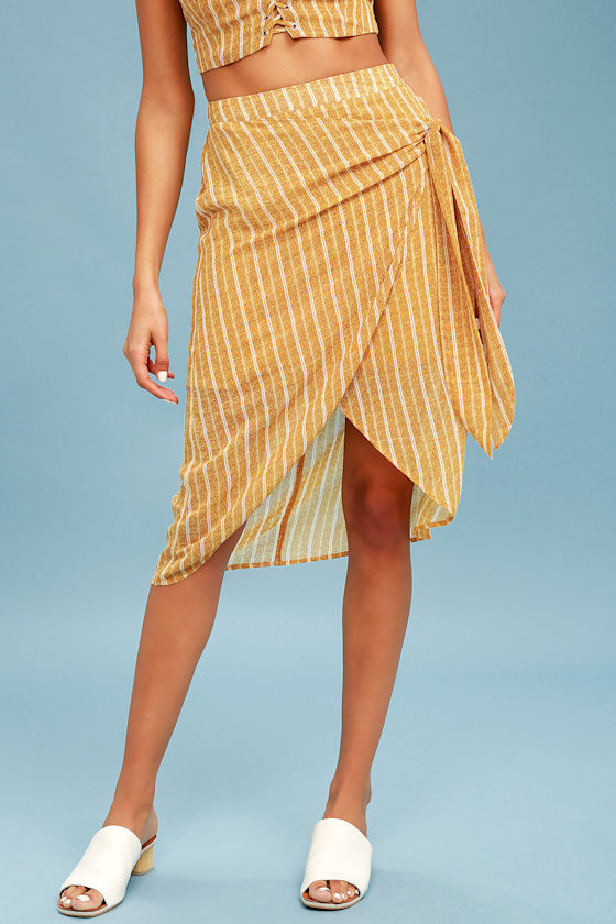 This is Me Mustard Yellow Striped Wrap Midi Skirt 2