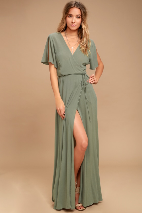 Much Obliged Washed Olive Green Wrap Maxi Dress