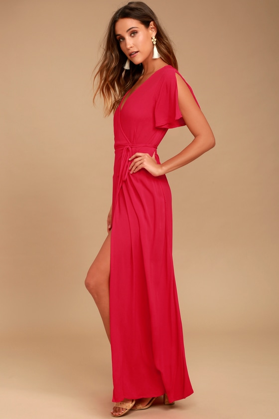 Lovely Red Dress - Surplice Wrap Dress - Maxi Dress