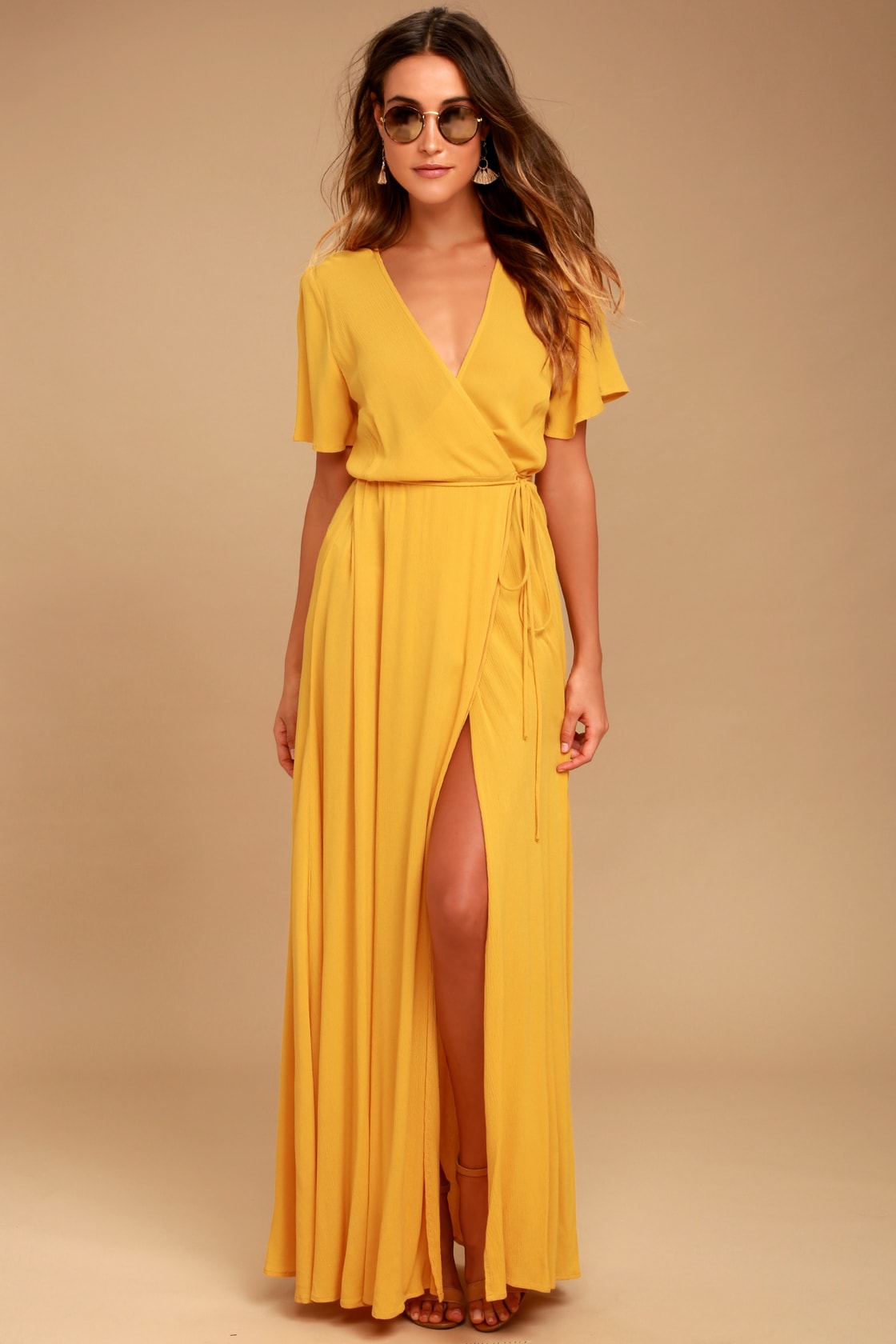 Yellow Wedding Guest Wrap Dress for Summer Wedding and Wedding in Greece