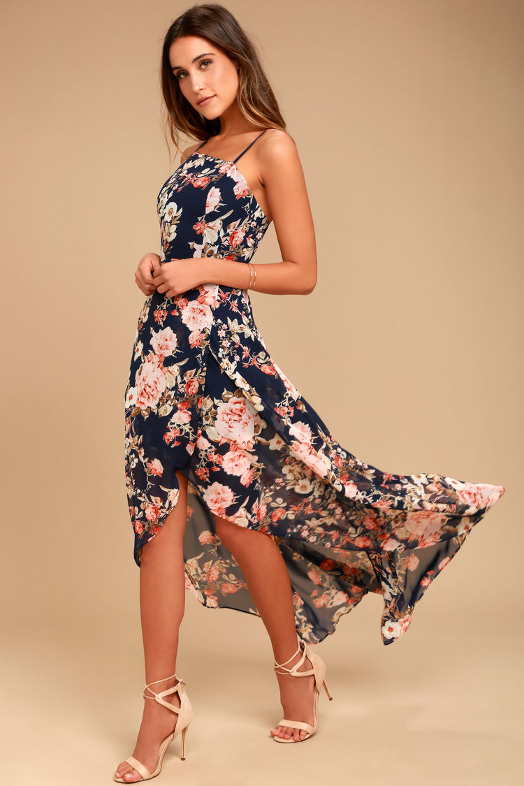 Lovely Navy Blue Dress - Floral Print Dress - High-Low Dress - Lulus