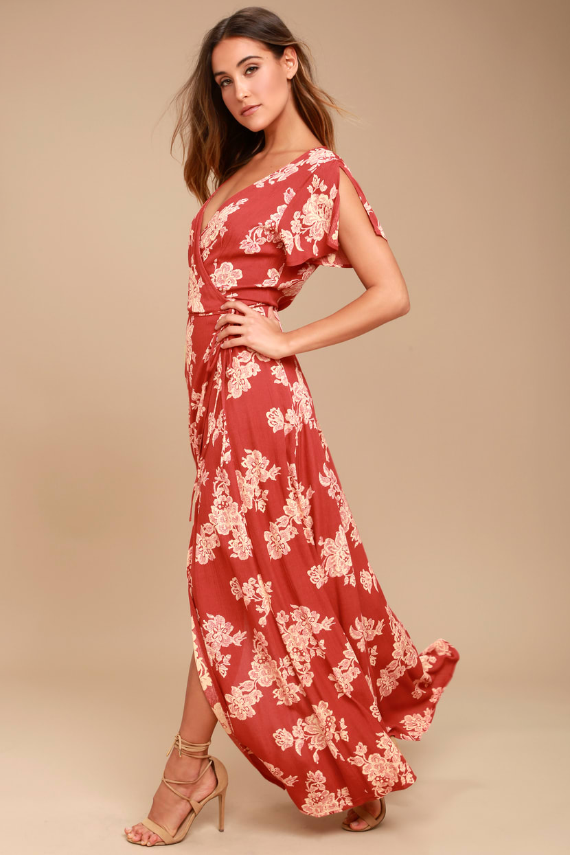 Mid-length wrap dress with red floral print