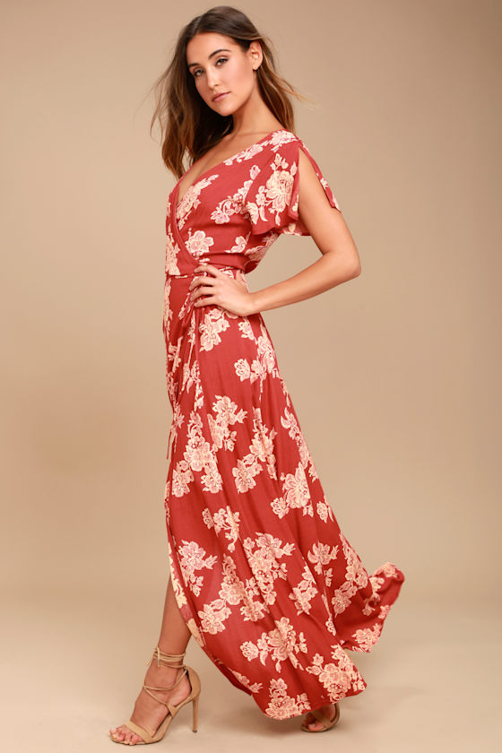 Heart of Marigold Rust Red Floral Print Wrap Maxi Dress 6