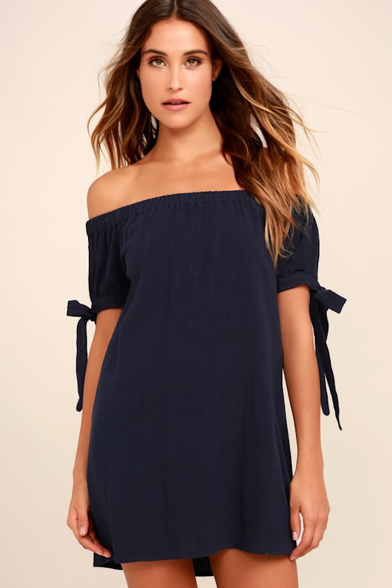 Al Fresco Evenings Navy Blue Off-the-Shoulder Dress 7