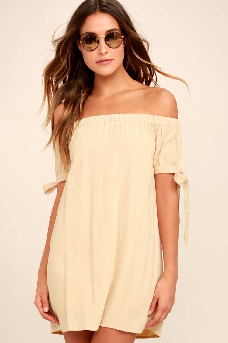 beige tunic dress Shop Island Stripe Tunic Dress in Beige Multi – Fella Hamilton main image 1