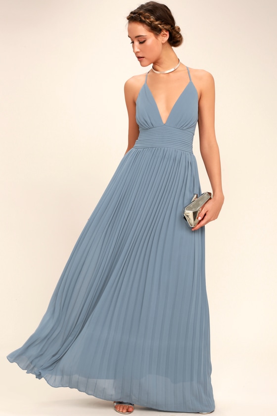 Dusty Blue Dress - Pleated Maxi Dress 