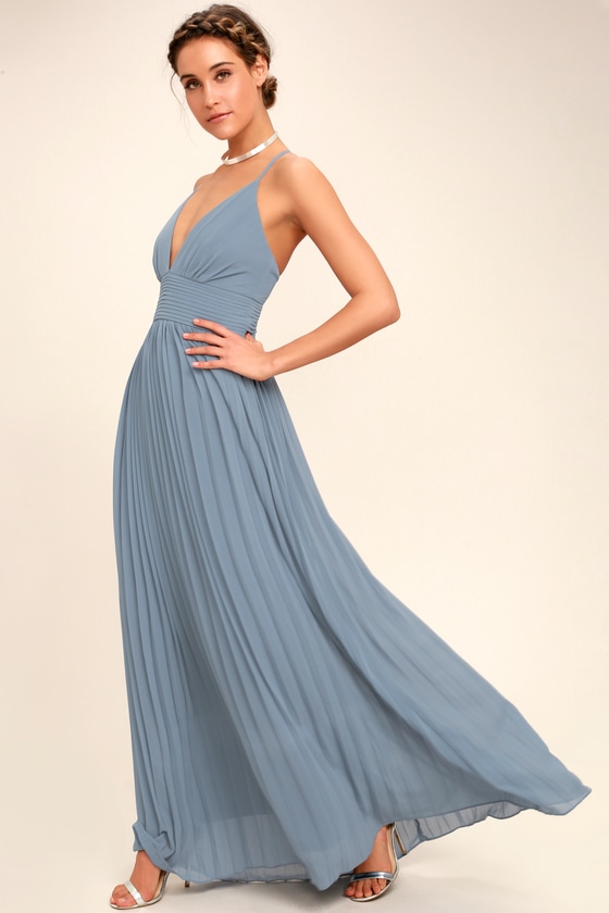 Stunning Dusty Blue Dress Pleated Maxi Dress Blue Gown