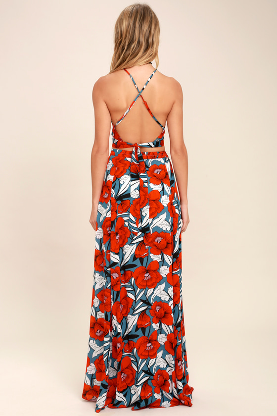 Back to Your Roots Red Floral Print Two-Piece Maxi Dress