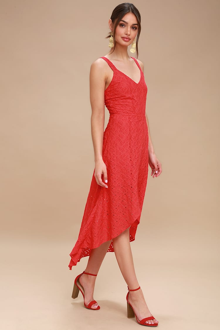 J.O.A. Red Lace Midi Dress - Tulip Hem Dress - Ruffled Dress - Lulus