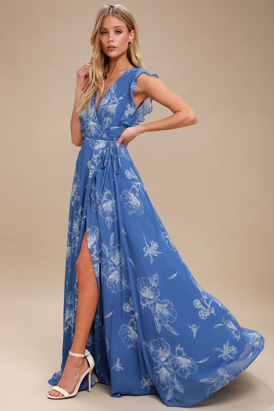 Lovely Blue Floral Print Dress - Blue Wrap Maxi Dress - Lulus