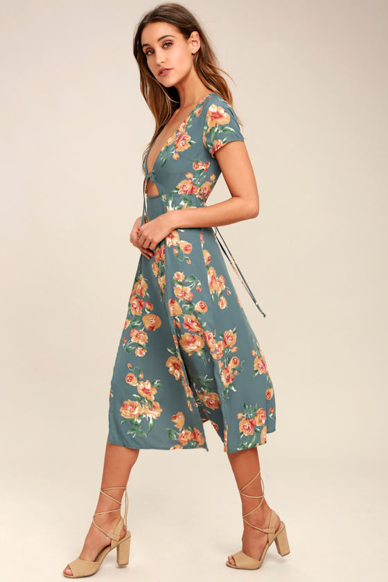 Lovely Dusty Sage Dress - Floral Print Dress - Midi Dress - Lulus