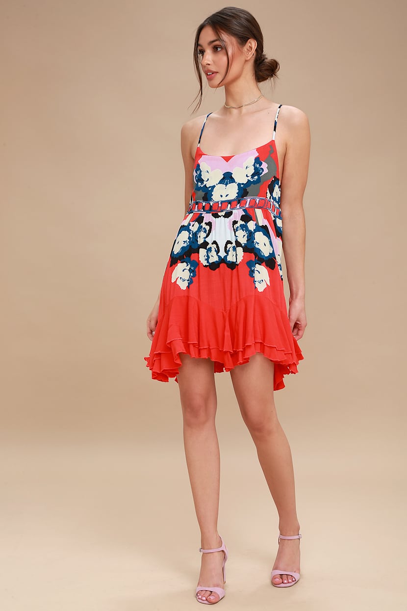 Free People Sweet Lucy - Coral Red Print Slip - Skater Dress - Lulus