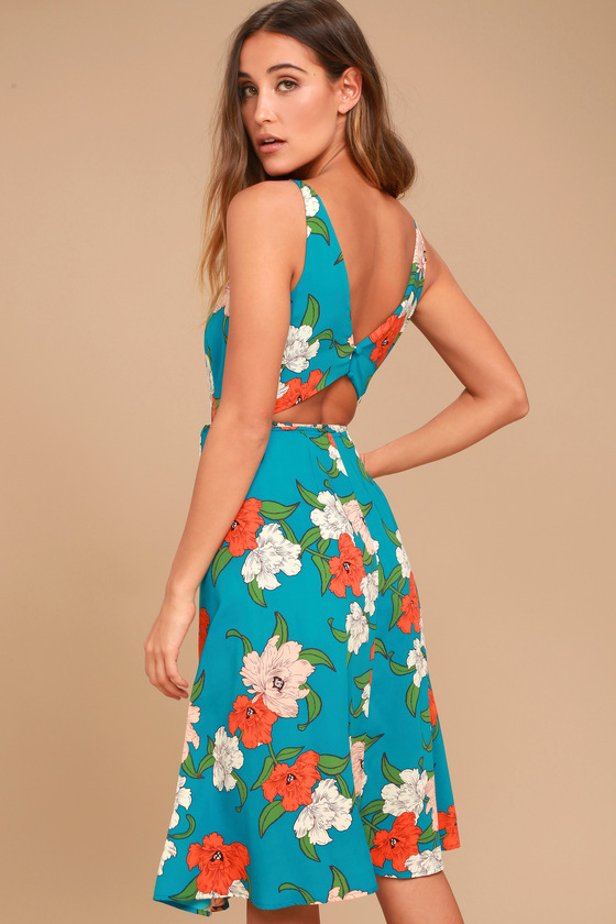 Country Club Teal Blue Floral Print Wrap Dress