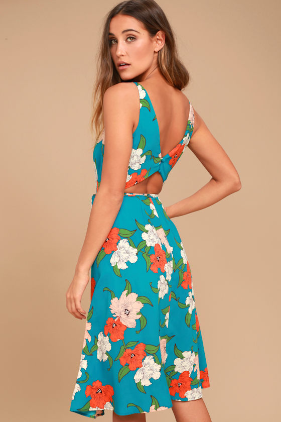 Country Club Teal Blue Floral Print Wrap Dress 7