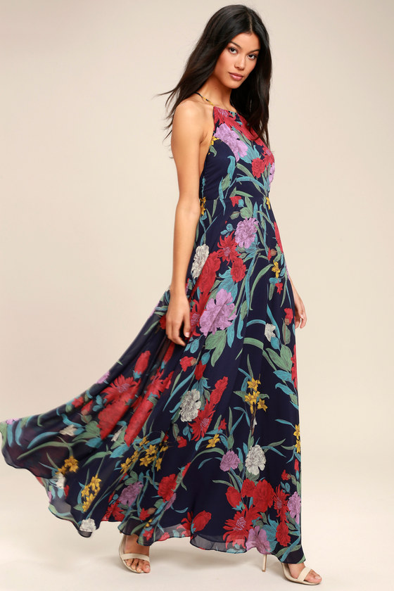 Lovely Navy Blue Dress - Floral Print Dress - Maxi Dress - Lulus