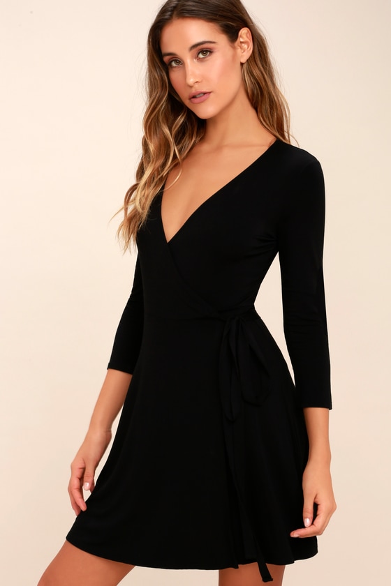 Cool Black Dress - Wrap Dress - Three-Quarter Sleeve Dress - Lulus
