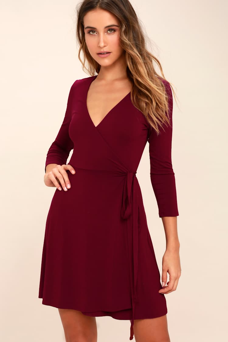 Cool Burgundy Dress - Wrap Dress - Three-Quarter Sleeve Dress - $48.00
