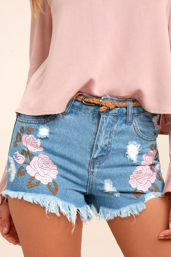 Posy Parade Light Wash Embroidered Distressed Denim Shorts 10