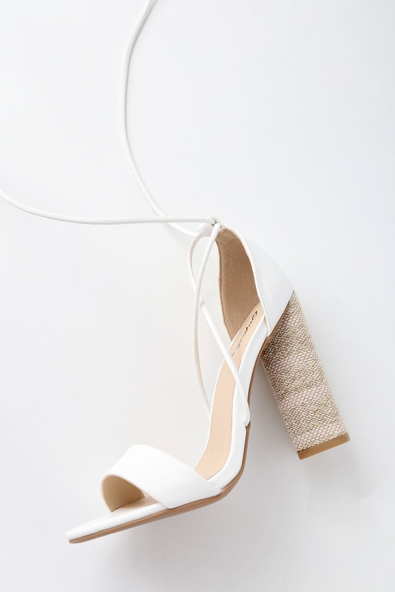 white chunky lace up heels