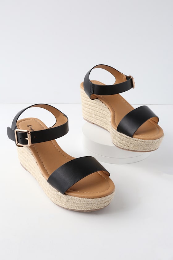 Cute Black Wedges - Espadrille Wedges - Ankle Strap Sandals - Lulus