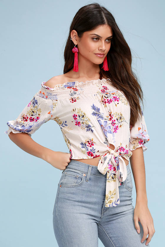 Bertie Blush Floral Print Off-the-Shoulder Tie-Front Crop Top 1