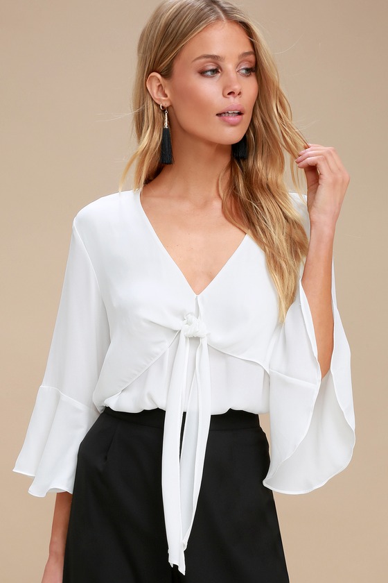 flounce sleeve knot front crop top
