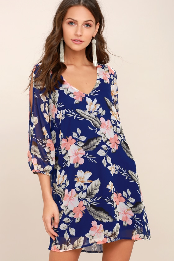 Royal Blue Dress - Floral Shift Dress - Cold Shoulder Dress - Lulus