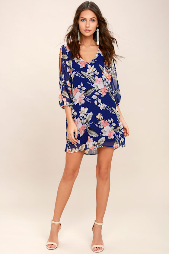 Shifting Dears Royal Blue Floral Print Long Sleeve Dress 8